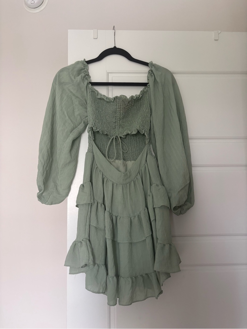 Smocked Sage Green Tiered Mini Dress with Puff Sleeves